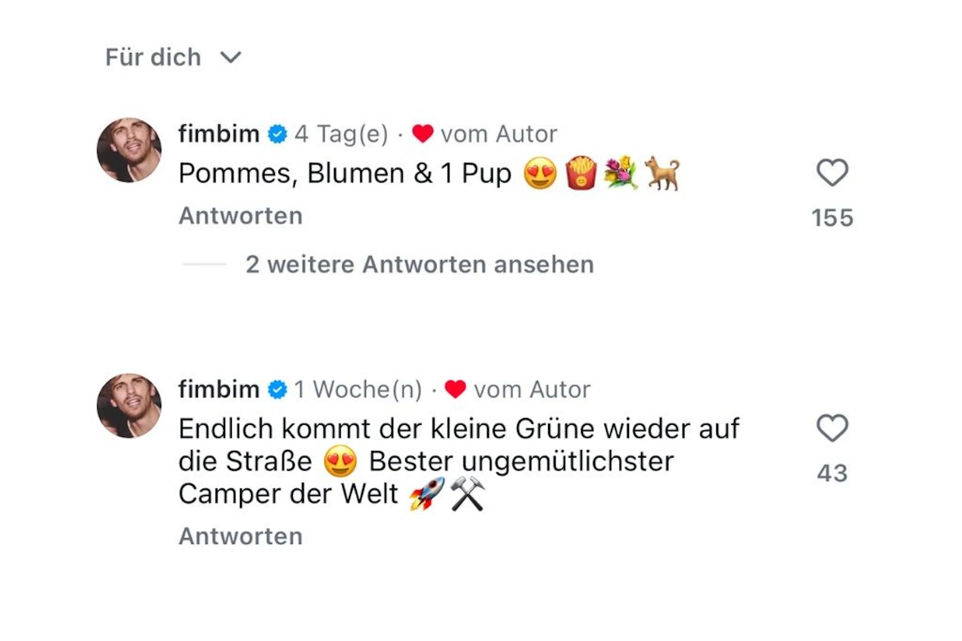 Hier kommentiert Fynn Kliemann auf Instagram die Bilderreihen seiner Ex-Freundin Franzi.