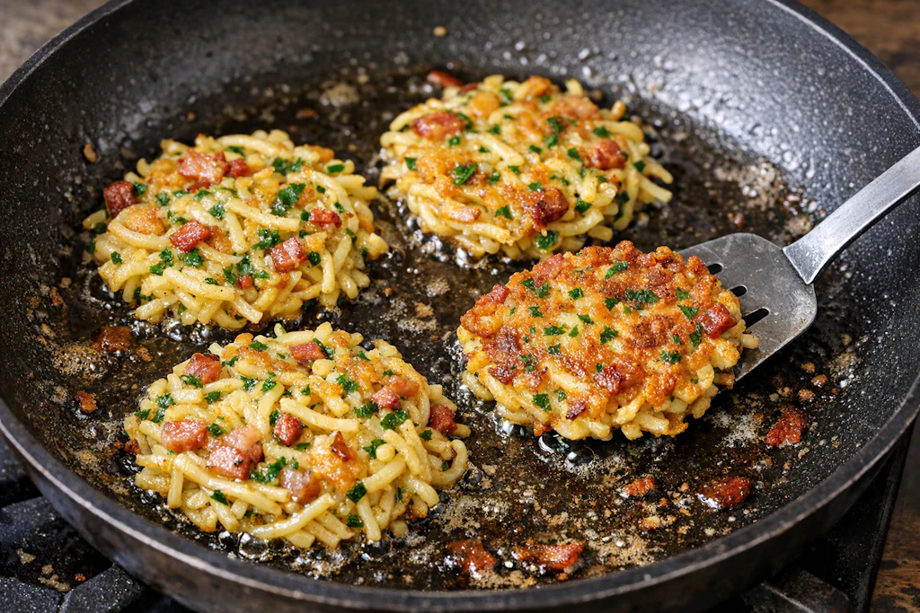 Die Nudelpüfferchen werden in einer Pfanne knusprig angebraten. Mit einem frischen Salat sind sie das perfekte Gericht für den Feierabend.