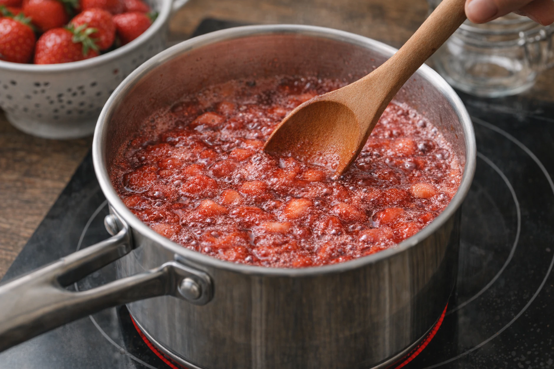 In einem Topf auf dem Herd wird die Marmelade bei starker Hitze gekocht, bis die Gelierprobe gelingt. Zwischendurch sollte der Schaum, der entsteht, mit einem Schaumlöffel abgeschöpft werden, denn er bringt nur unnötige Luft in den Aufstrich.