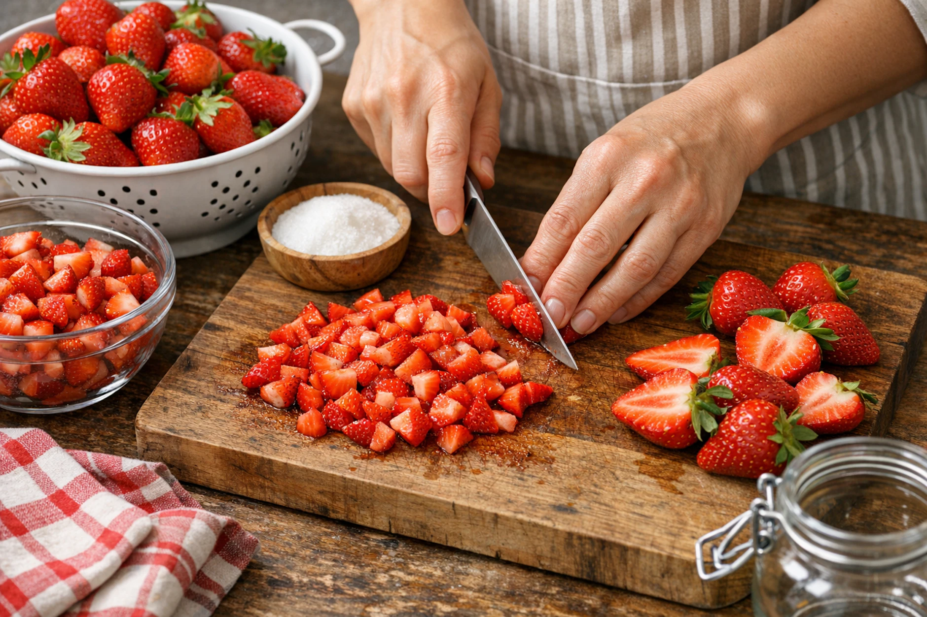 Für die Erdbeermarmelade müssen die Früchte erst kleingeschnitten werden. Dabei ist Naschen natürlich erlaubt. Aber ahcten Sie darauf, dass am Ende nicht ein Missverhältnis zwischen Obst und Zucker entsteht.