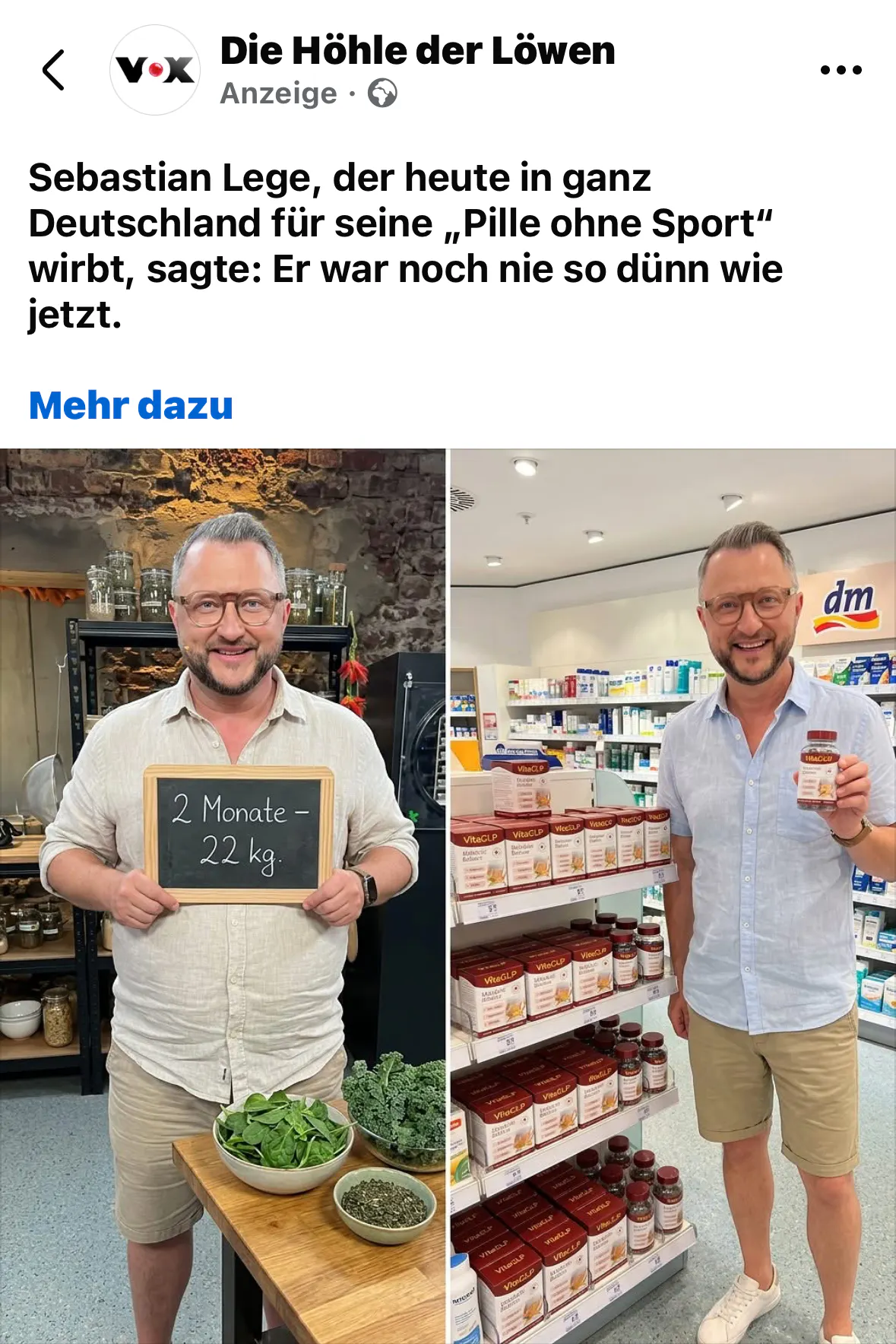 Mit solchen Werbebeiträgen auf Facebook wird für ein Abnehm-Mittel geworben – im Namen von ZDF-Koch Sebastian Lege.