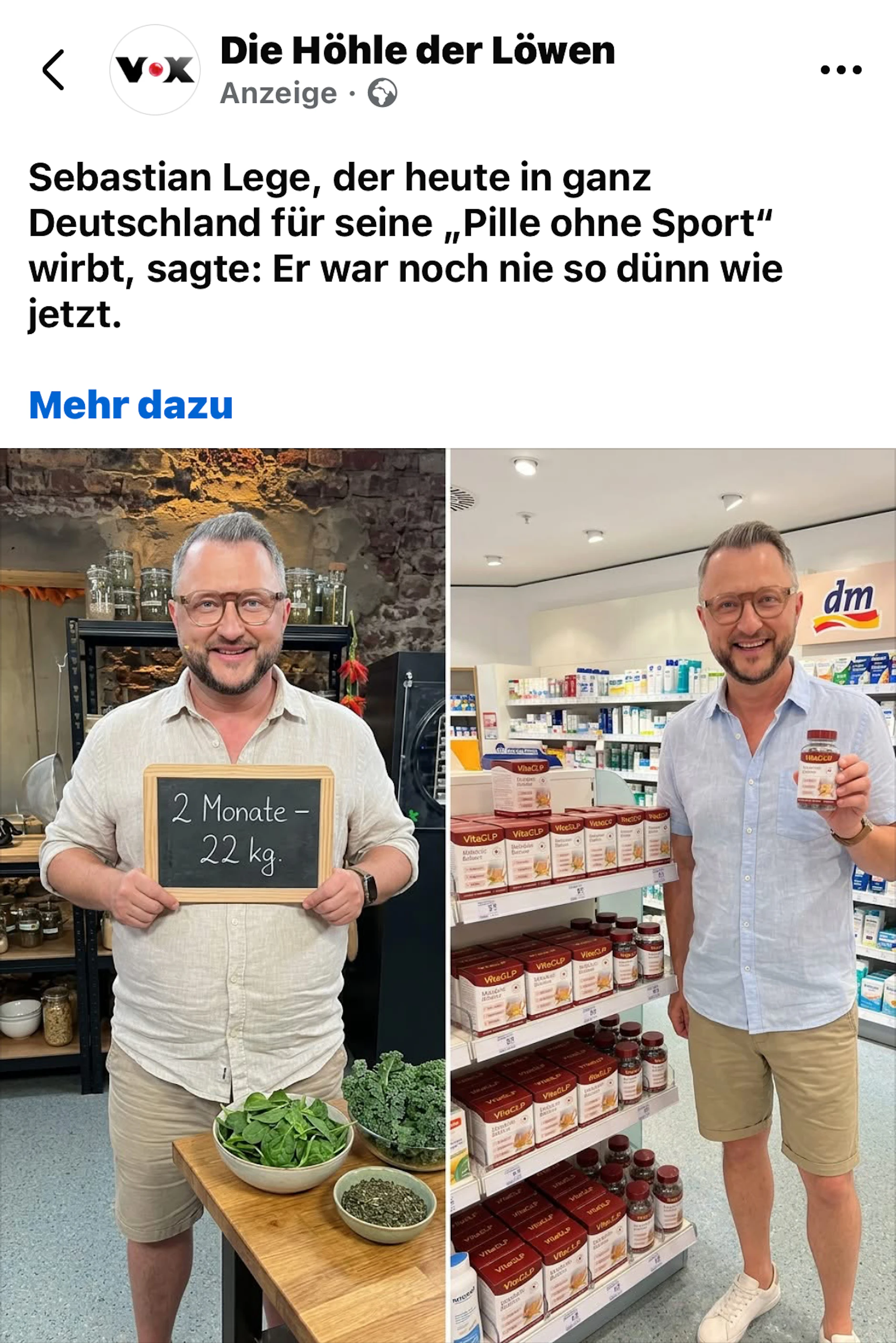 Mit solchen Werbebeiträgen auf Facebook wird für ein Abnehm-Mittel geworben – im Namen von ZDF-Koch Sebastian Lege.