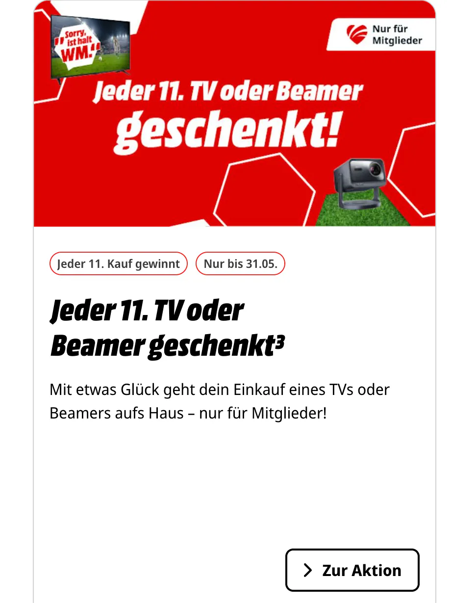 Mit dieser Fernseher-Aktion wirbt Media-Markt auf seiner Website zur Fußball-WM.