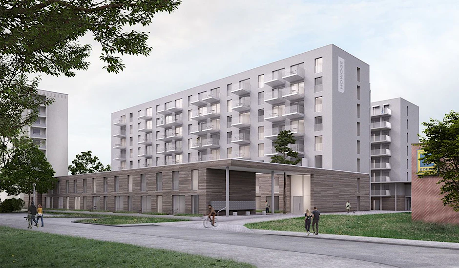 Auf dem Vordach wächst ein Baum. Am Rosenfelder Ring stehen zwei Wohnblocks mit 173 Wohnungen kurz vor der Fertigstellung. 