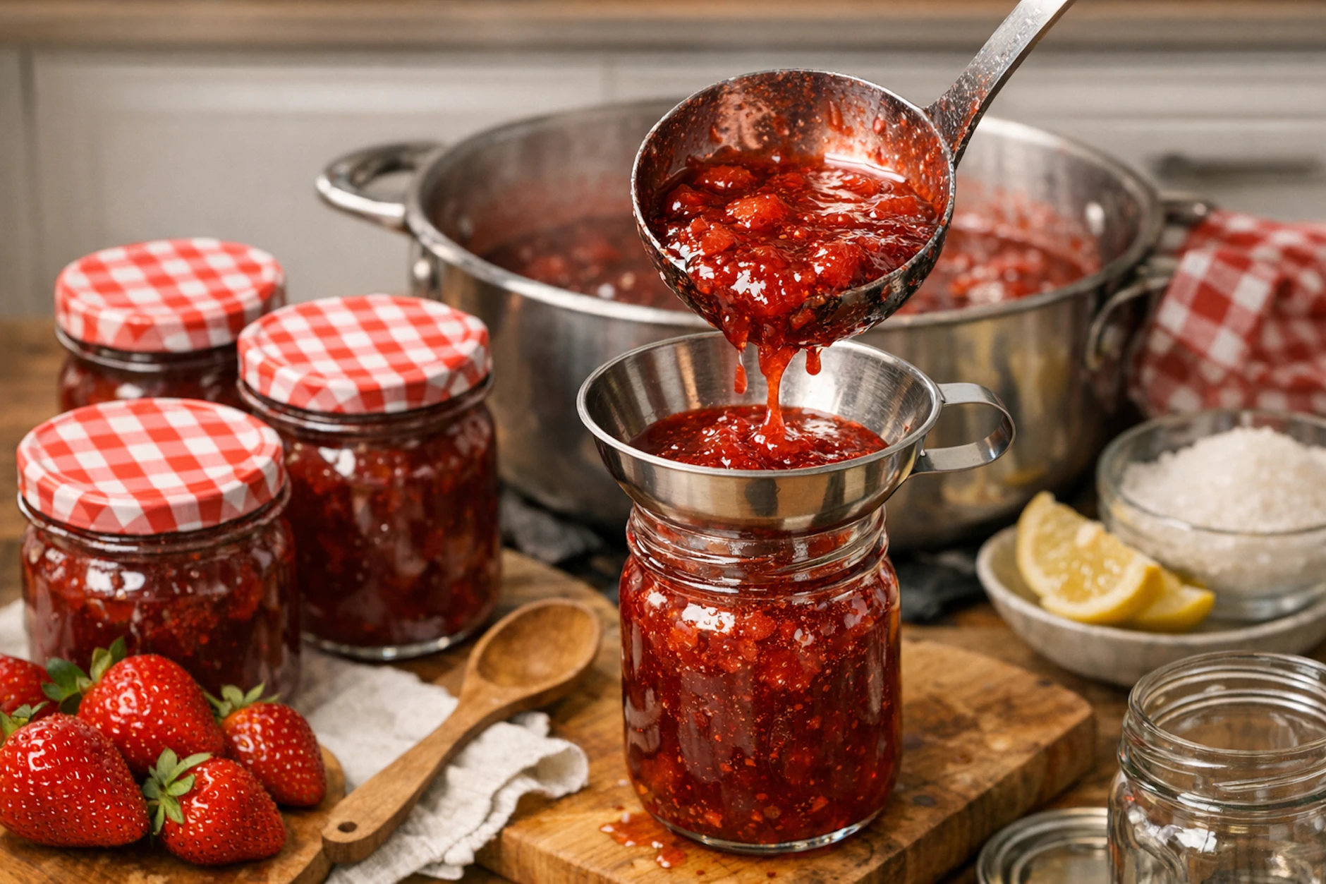 Die fertige Marmelade wird noch heiß in Gläser gefüllt. Achten Sie dabei unbedingt auf sauberes Arbeiten, damit die Gläser richtig luftdicht verschlossen werden können. Ein Marmeladentrichter hilft.