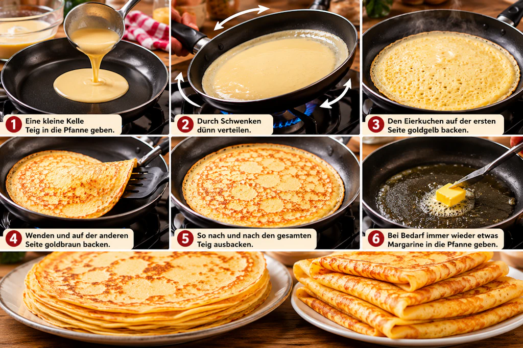 Die Schritt-für-Schritt-Anleitung erklärt, wie sie am besten die Eierkuchen backen.