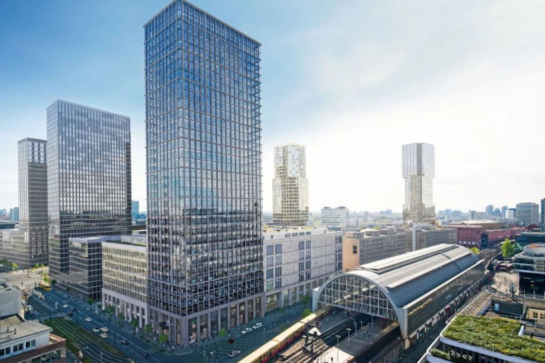 Auf dieser Visualisierung des Büros Kleihues+Kleihues ist der zukünftige Hines-Tower bereits zu sehen. Im Vordergrund Galeria mit The Berlinian, links daneben 030BLN.