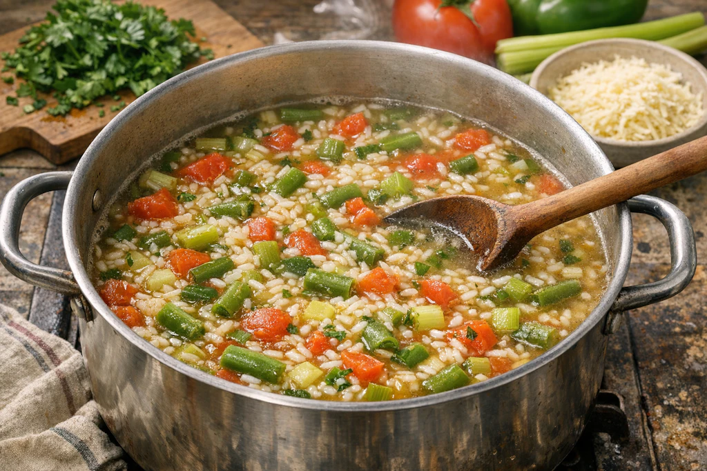 Beim Kochen des Gemüserisottos nimmt der Reis die Flüssigkeit auf, es entsteht ein cremiges Reisgericht. Im Sommer schmeckt das Risotto besonders gut!