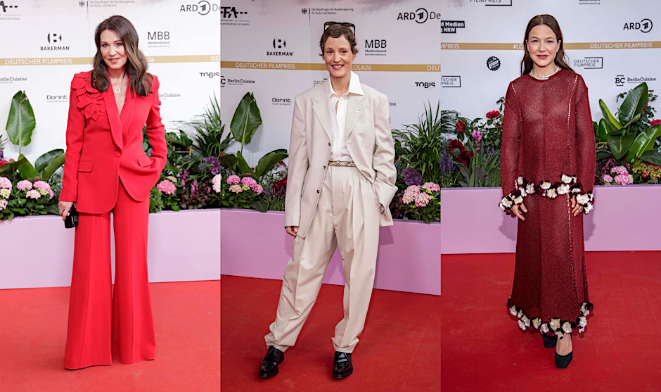 Schicke Anzüge und eher fragwürdige Ensembles: Iris Berben, Vicky Krieps und Hannah Herzsprung auf dem roten Teppich des Deutschen Filmpreises.