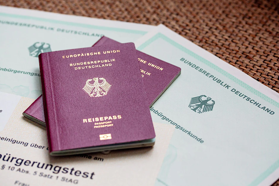 Zwei deutsche Reisepässe liegen auf Einbürgerungsurkunden der Bundesrepublik Deutschland sowie einem Einbürgerungstest