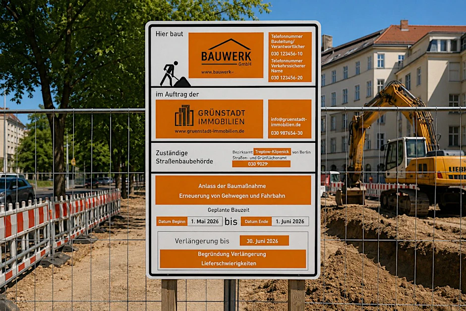 So soll das neue Baustellenschild in Berlin aussehen. Alle Angaben zu Firmen und Kontaktdaten auf dem Schild sind fiktiv.