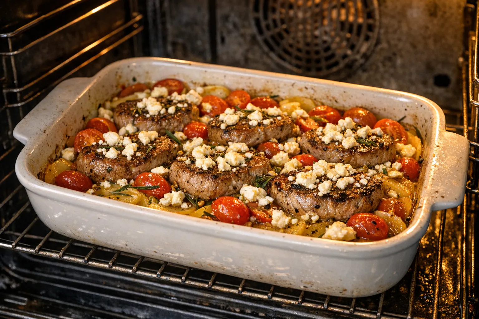 Im Backofen wird das mediterrane Schweinefilet gebacken. Dann wird es direkt serviert und der Sommer-Genuss kann beginnen!