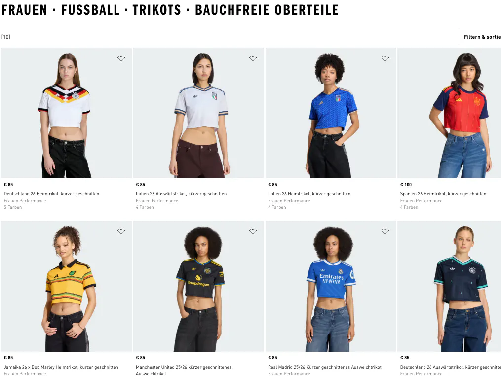 Auf der Website von Adidas finden sich alle bauchfreien Trikot-Versionen.