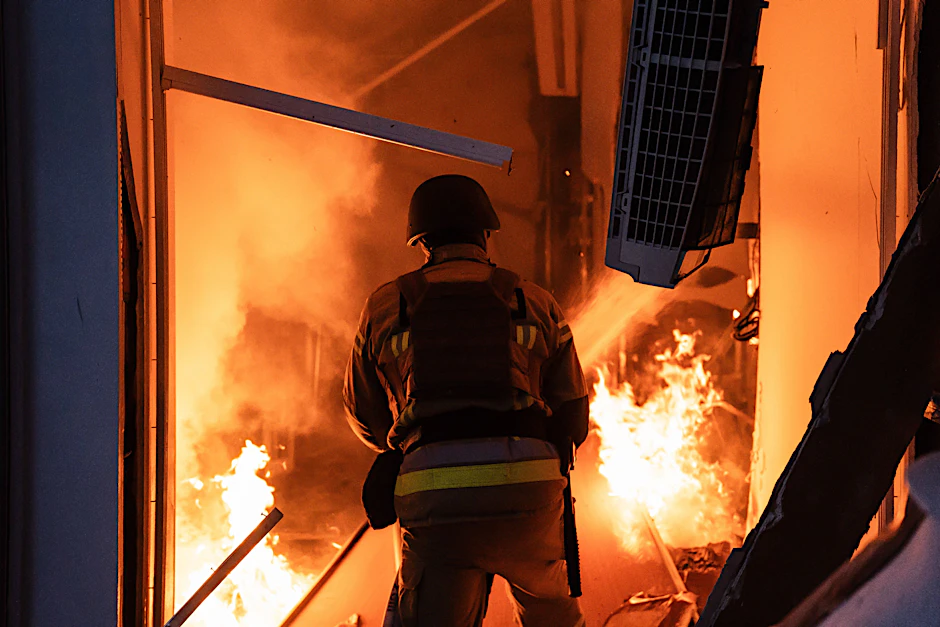 2. Juni, Kiew: Ein ukrainischer Feuerwehrmann löscht ein Geschäftsgebäude in Kiew, das beim russischen Raketen- und Drohnenangriff getroffen wurde.