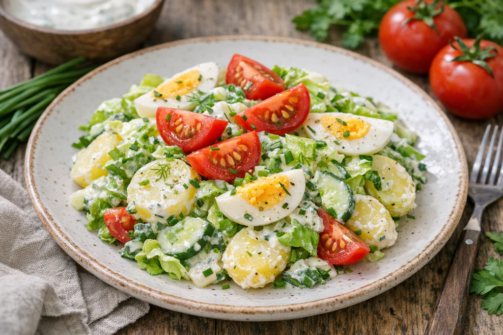 Der Sommersalat wird am Ende mit Tomatenscheiben garniert. Sie bringen nicht nur Farbe, sondern auch ein besonderes Aroma in den Salat. Lecker!