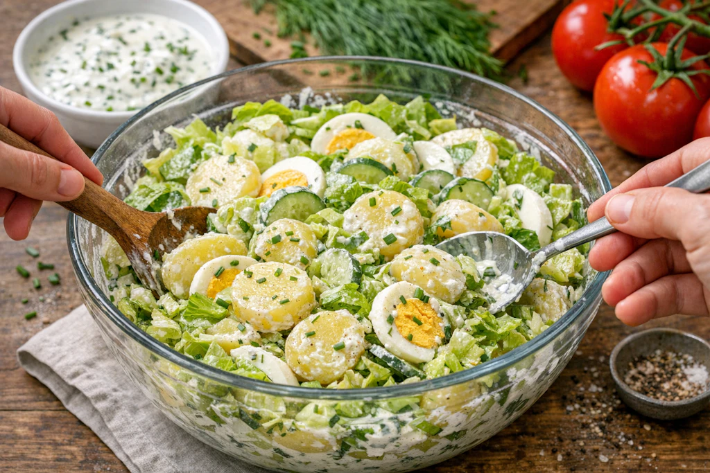 Kartoffeln, Gurken, Eier und ein frisches Dressing aus saurer Sahne machen den Sommersalat zu einem besonderen Vergnügen besonders an heißen Tagen.