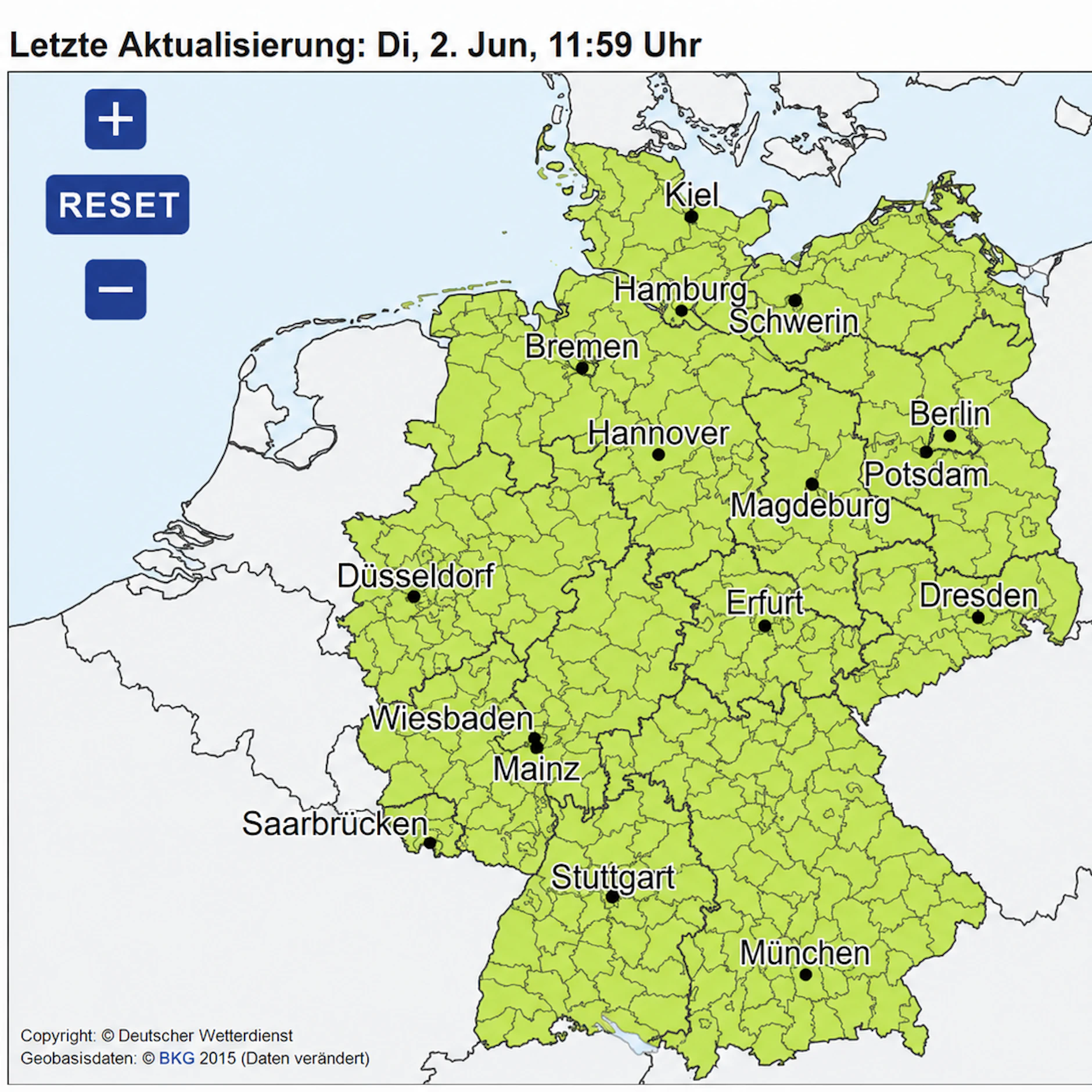 Um 11.59 Uhr zeigt die Warnkarte des DWD für alle Landkreise Deutschlands die Farbe Grün an. Das heißt: Zurzeit droht keine Unwettergefahr.