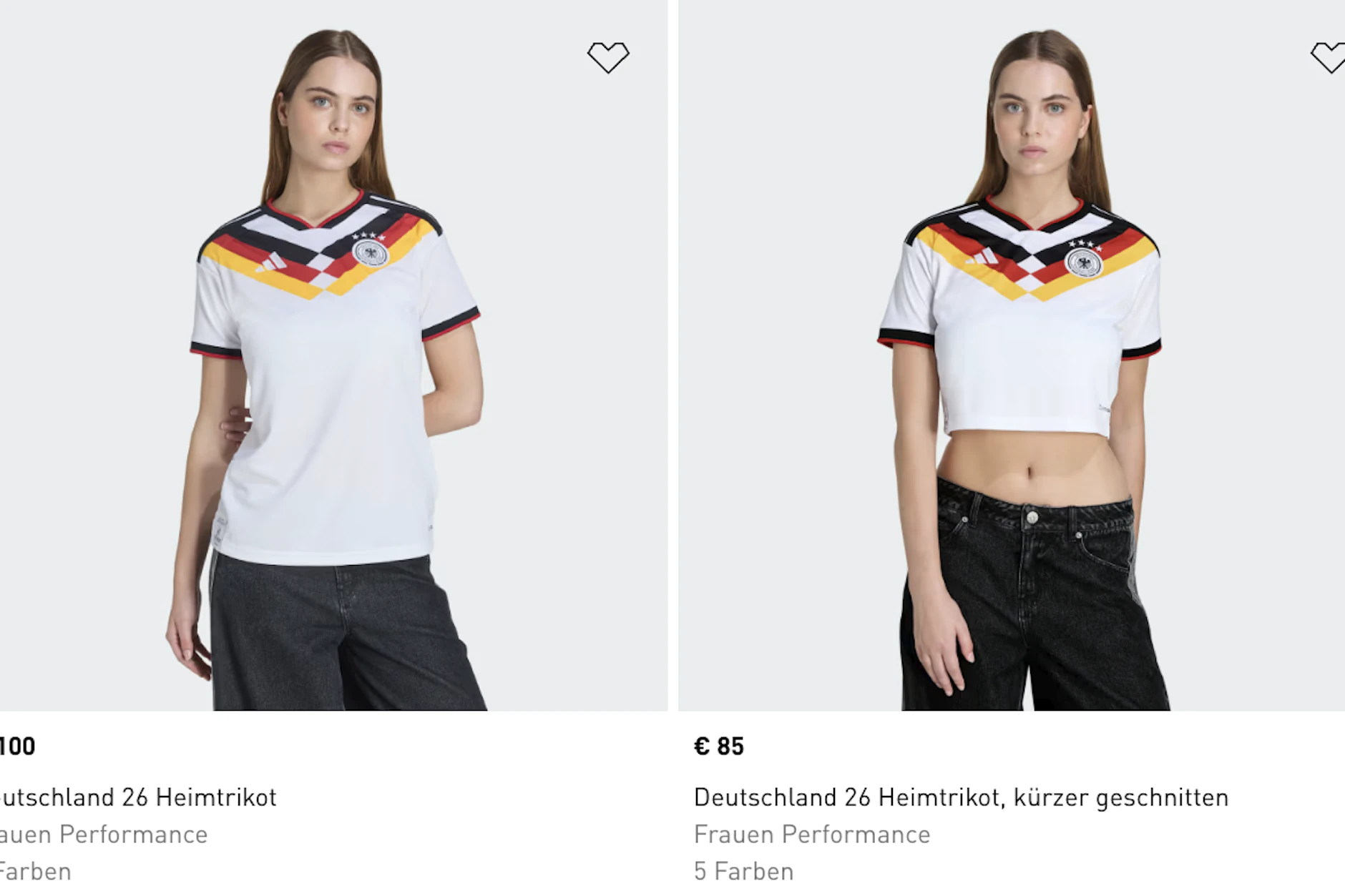 Das lange Trikot für Frauen kostet 100 Euro, das Bauchfreie 85 Euro.