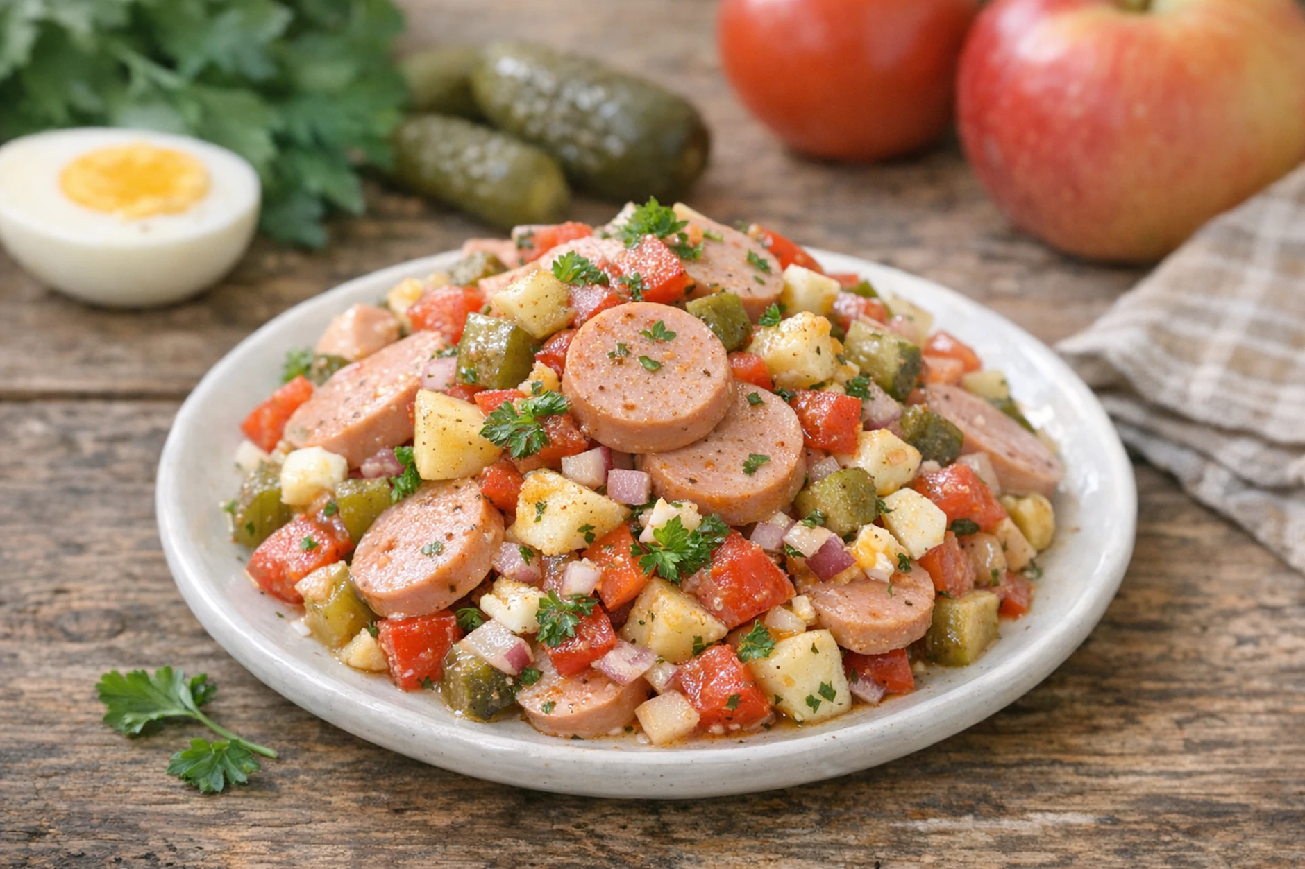 Bockwurstsalat passt perfekt zum Abendbrot: Da kommt alles rein, was gut schmeckt!