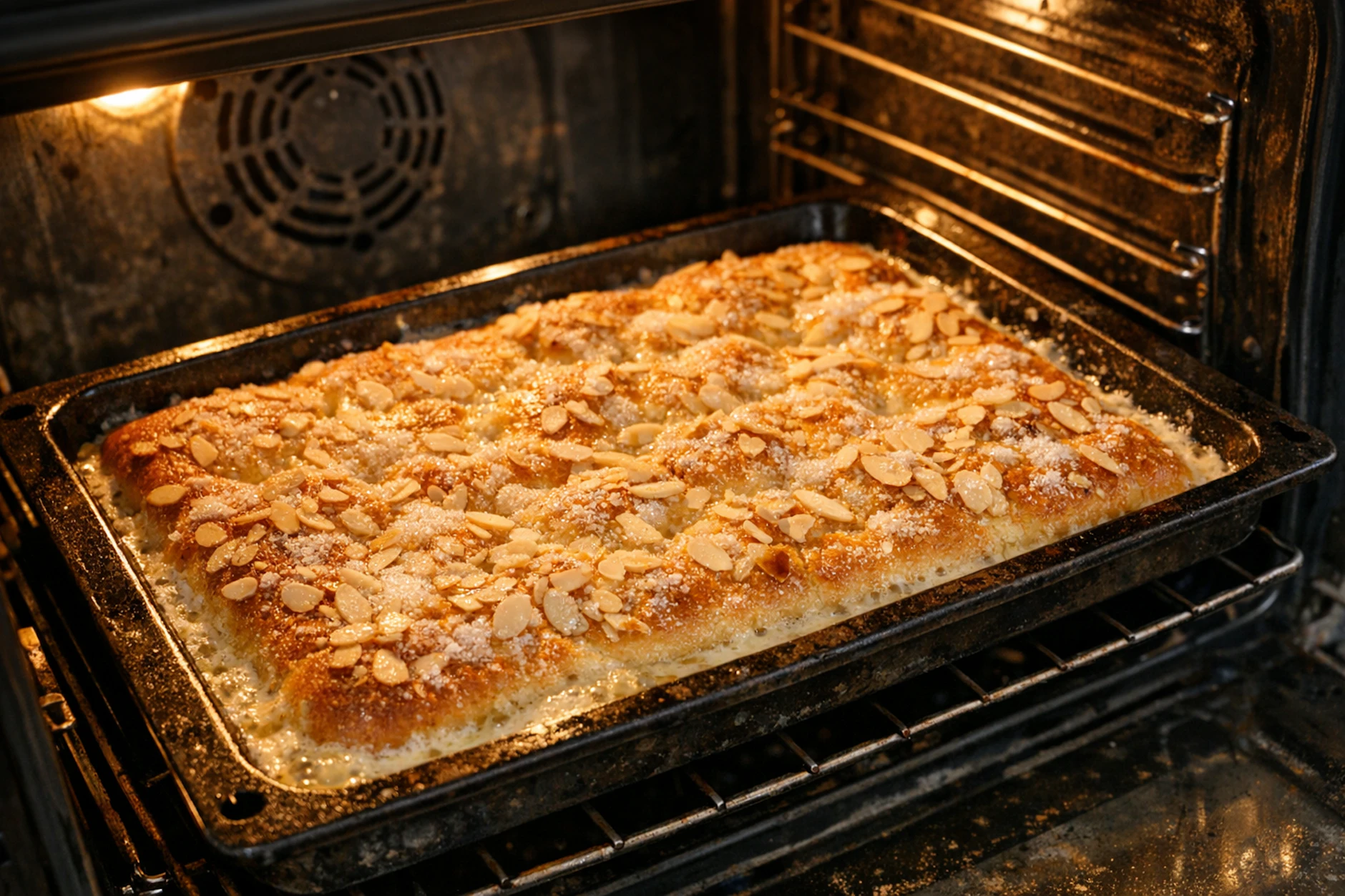 Im Backofen wird der Butter-Zuckerkuchen goldgelb gebacken. Doch erst danach beginnt die Magie: Wenn der Kuchen frisch aus dem Ofen kommt, wird er mit Schlagsahne beträufelt.