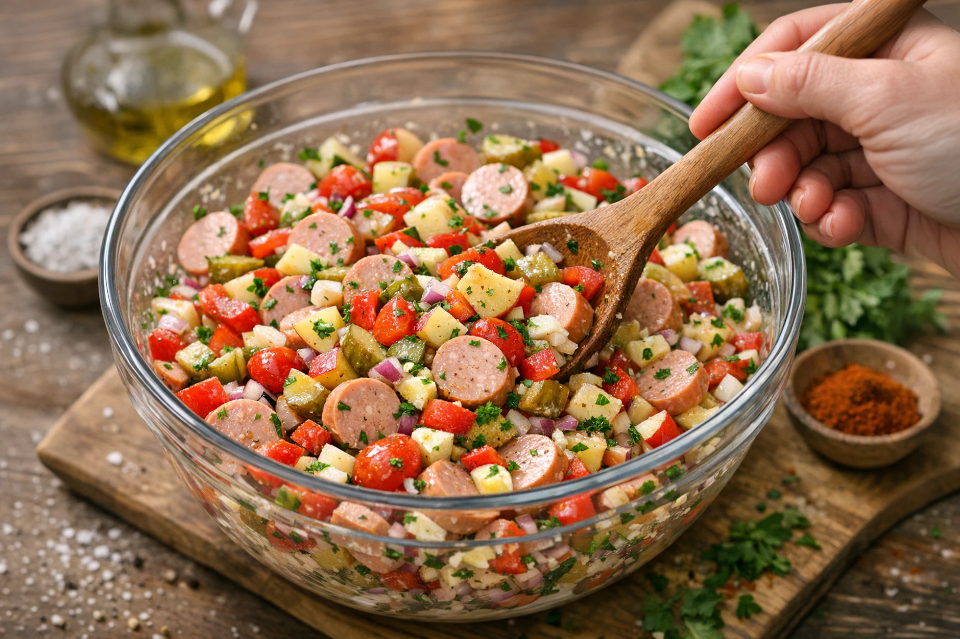 Bunter Bockwurstsalat: mit unserem tollen Rezept wird die schnöde Bockwurst zur absoluten Delikatesse! Der Salat passt zum Abendbrot oder auch als besonderes Schmäckerchen zum nächsten Grillabend.
