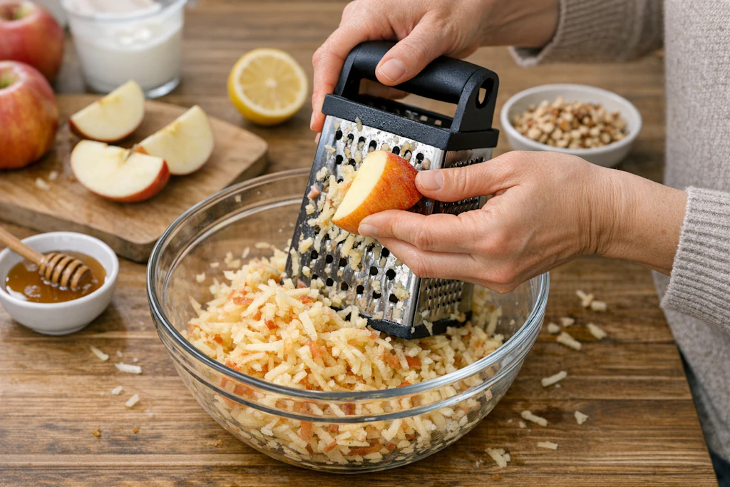 Für das Frühstück „Dagmar“ müssen die Äpfel gerieben werden. Dann werden sie mit Zitronensaft und Orangensaft beträufelt und mit Joghurt vermengt.