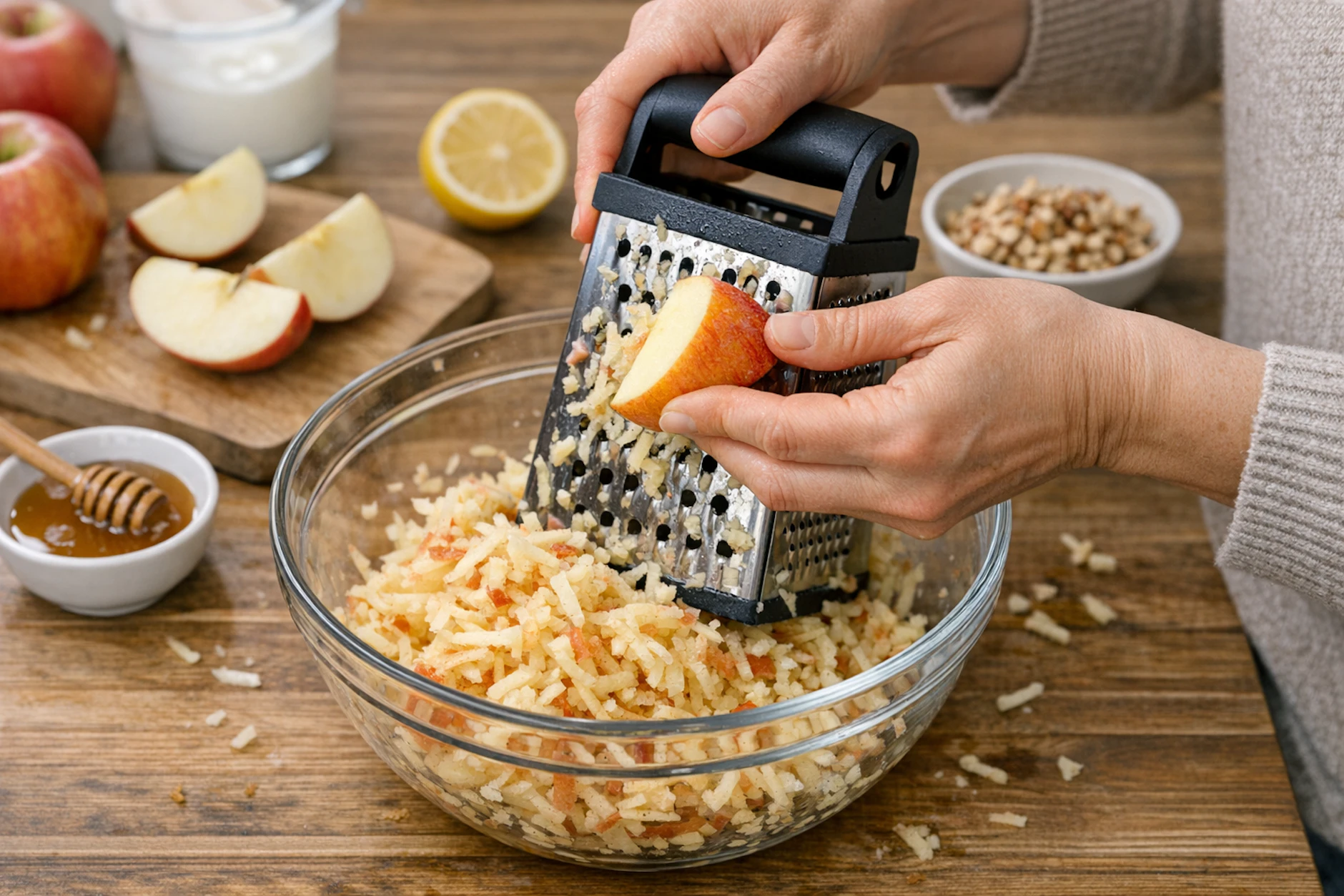 Für das Frühstück „Dagmar“ müssen die Äpfel gerieben werden. Dann werden sie mit Zitronensaft und Orangensaft beträufelt und mit Joghurt vermengt.