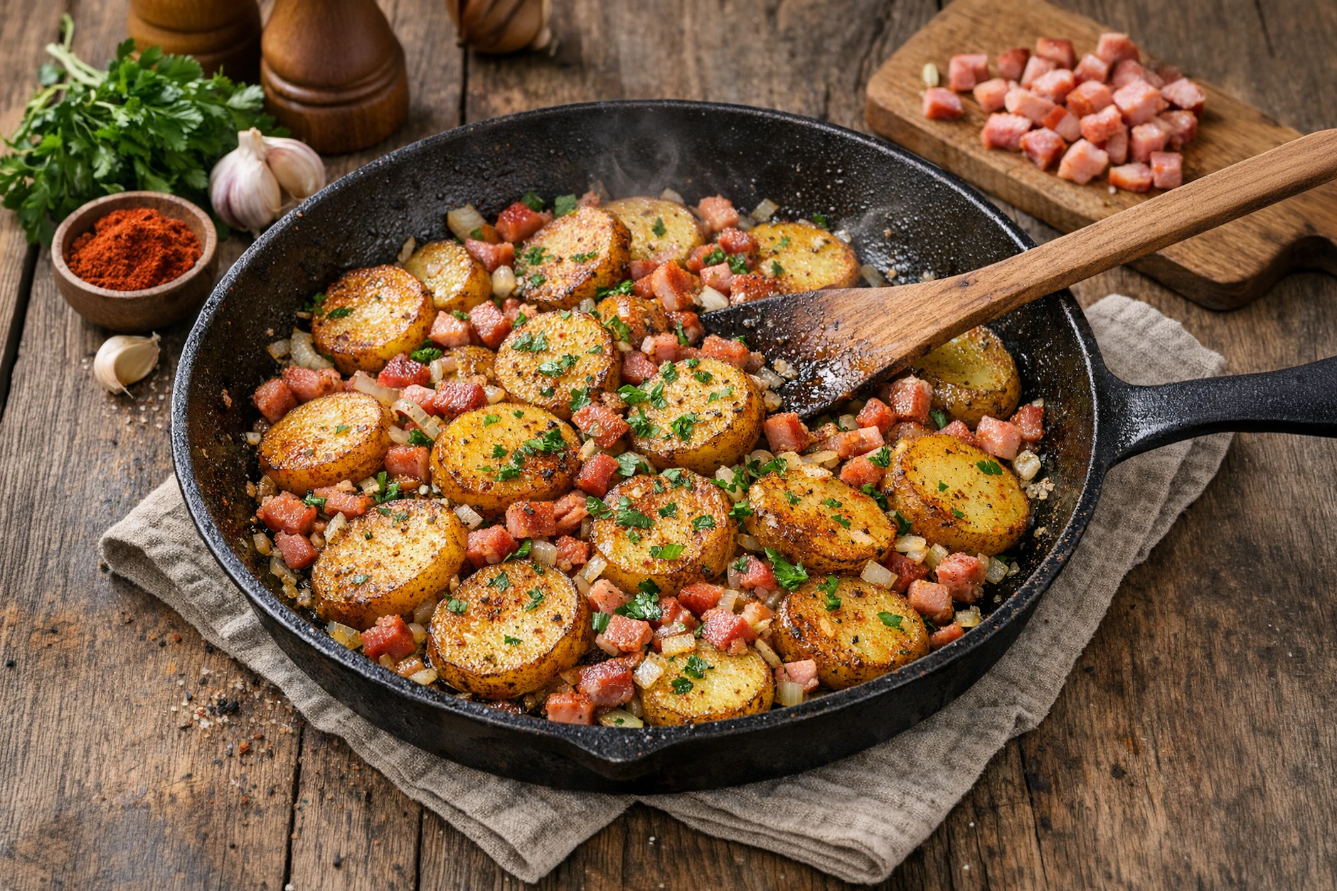Leckere Almkartoffeln in der Pfanne: Dieses Rezept für Bratkartoffeln ist ein echter Klassiker und ganz besonders deftig.