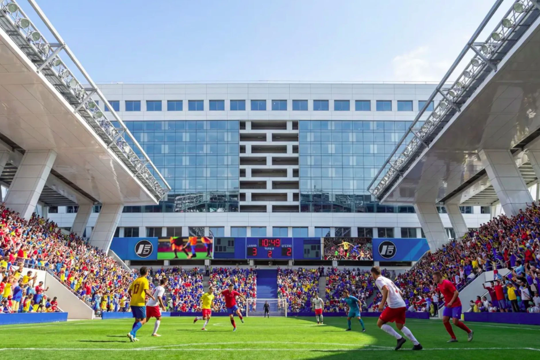 So könnte es einmal auf der „Freedom Ship“ aussehen. Ein Fußballstadion auf einem Kreuzfahrtschiff.