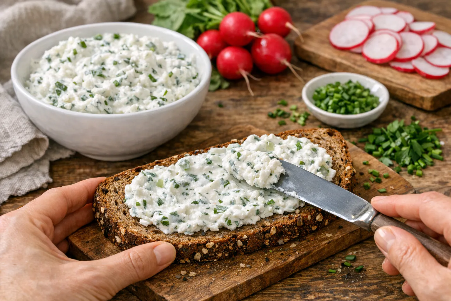 Das Frühlingsbrot wird mit einem leckeren Kräuterquark bestrichen. Er macht die Schnitte zum unfassbar leckeren und frischen Vergnügen!