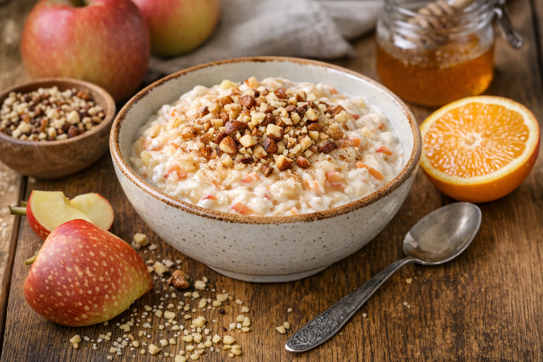 Das fertige Frühstück „Dagmar“: Geriebene Äpfel, Joghurt und knackige Nüsse machen es zum perfekten Begleiter für den Start in den Tag!