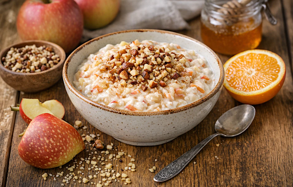 Das fertige Frühstück „Dagmar“: Geriebene Äpfel, Joghurt und knackige Nüsse machen es zum perfekten Begleiter für den Start in den Tag!