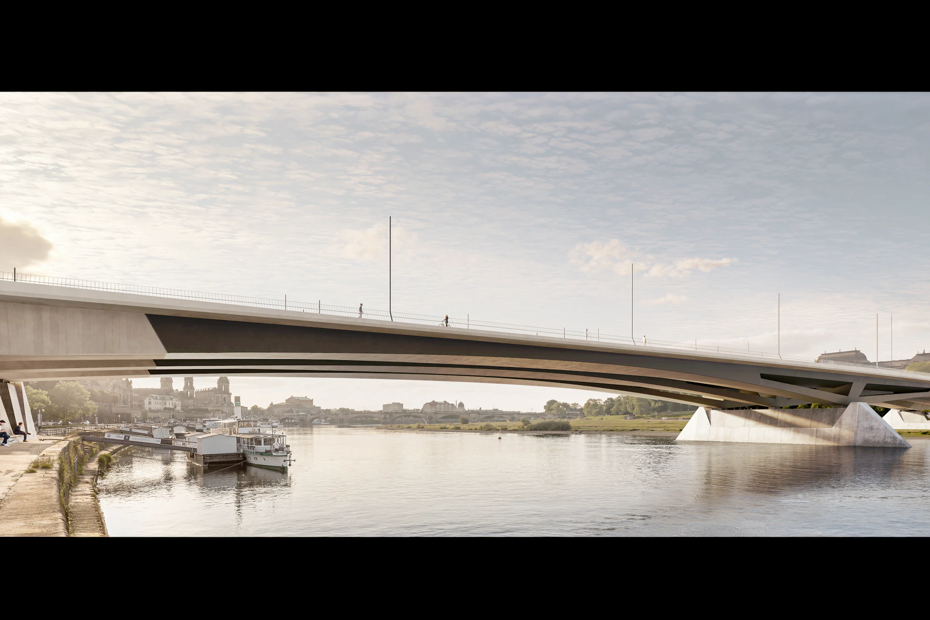 Als hybrides Bauwerk aus Spannbeton und Stahl zeigt dieser Entwurf von der Schüßler-Plan Ingenieurgesellschaft aus Düsseldorf die neue Carolabrücke.