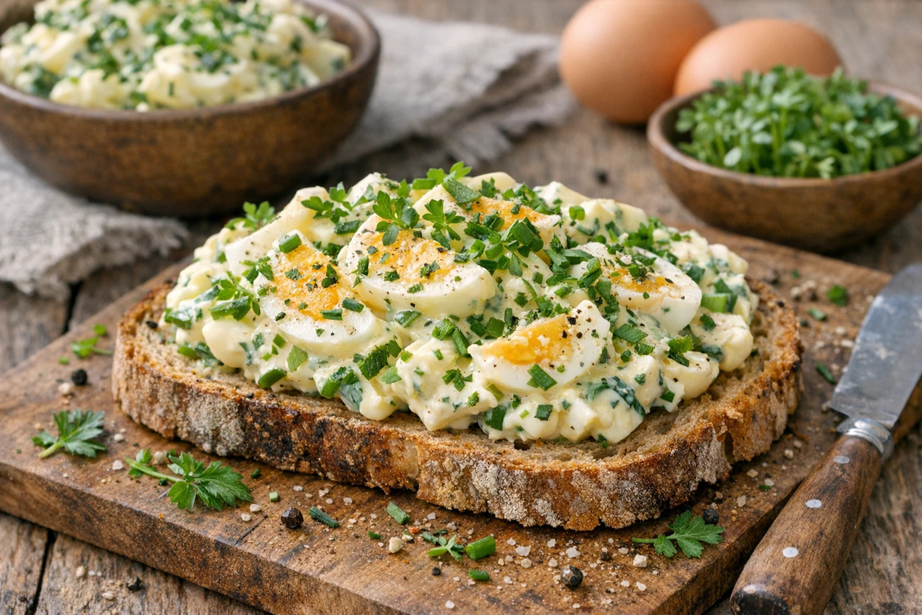 Leckerer Eiersalat mit Kräutern auf Brot: Unser Rezept macht den Feinkostsalat zur perfekten Beilage für den Frühling. Dafür sorgen Petersilie, Schnittlauch und Kresse!