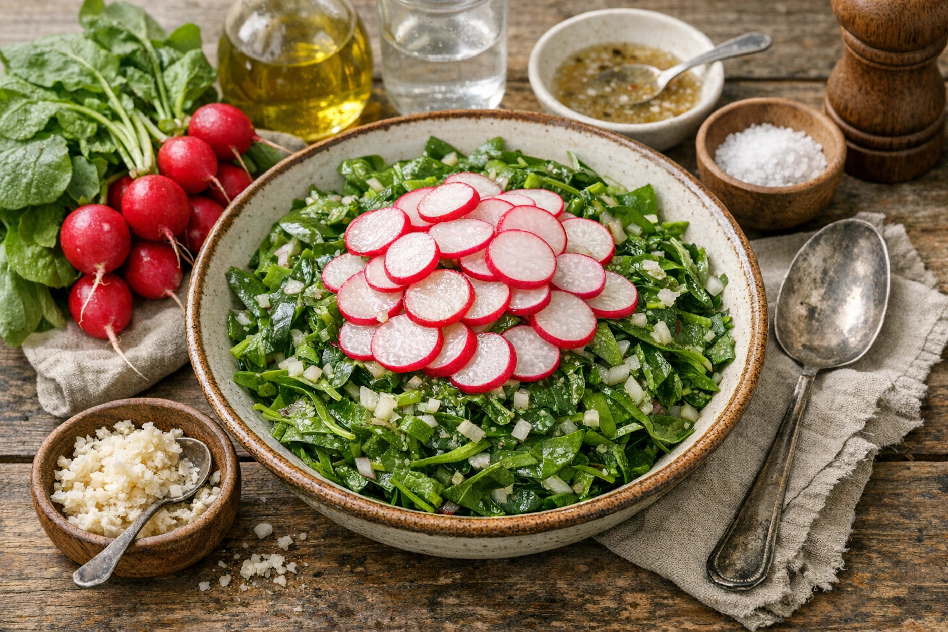 Spinatsalat mit Radieschen ist lecker, frisch und gesund. Der perfekte schnell gemachte Salat passt wunderbar zum Abendbrot.