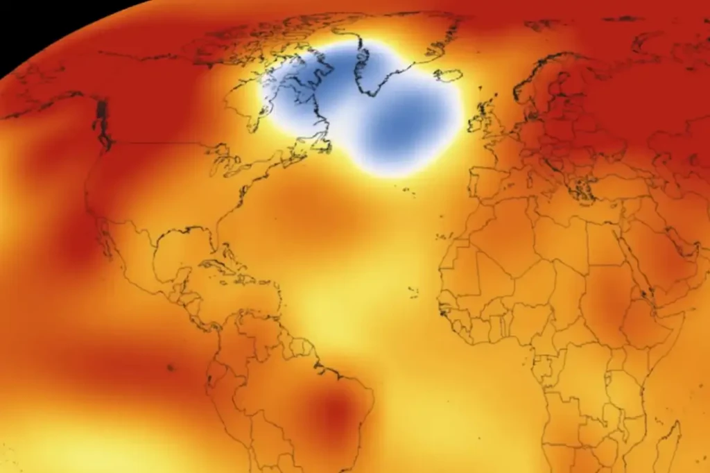 Eine aufgeheizte Welt, ein blauer Fleck: Das Kälteloch südlich von Grönland gilt Forschern als Warnsignal für das Atlantik-Förderband.