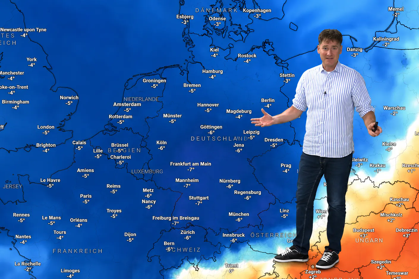 Dominik Jung zeigt die Karte der Temperaturabweichungen am Mittwoch: Es wird wesentlich kälter als üblich! Die Schafskälte schlägt zu, doch danach droht uns ein Hitze-Sommer erster Güte.