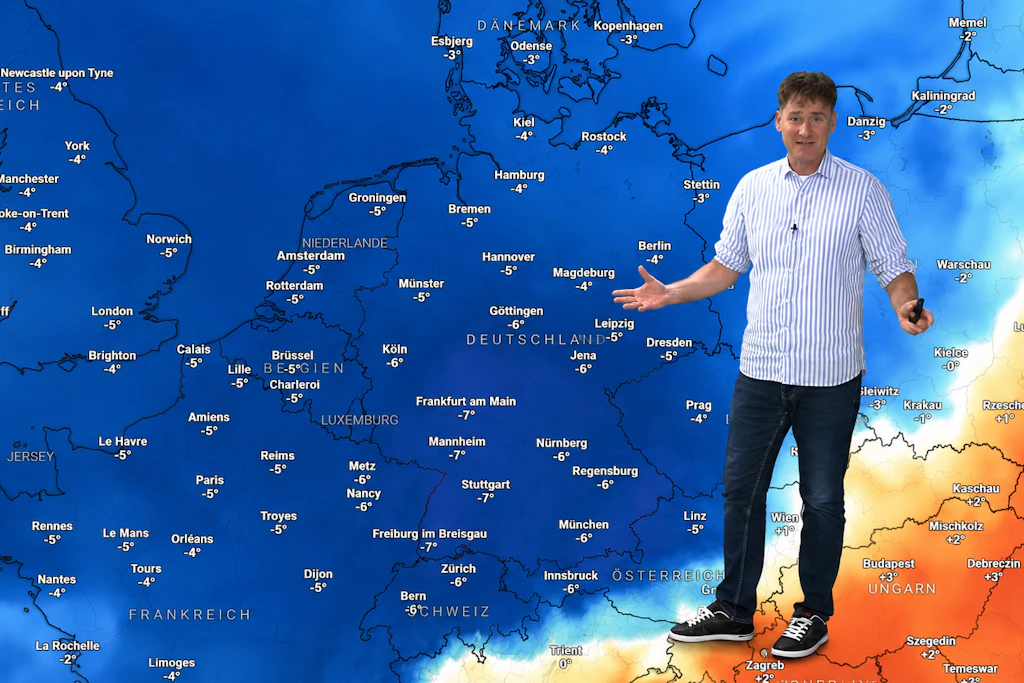 Dominik Jung zeigt die Karte der Temperaturabweichungen am Mittwoch: Es wird wesentlich kälter als üblich! Die Schafskälte schlägt zu, doch danach droht uns ein Hitze-Sommer erster Güte.