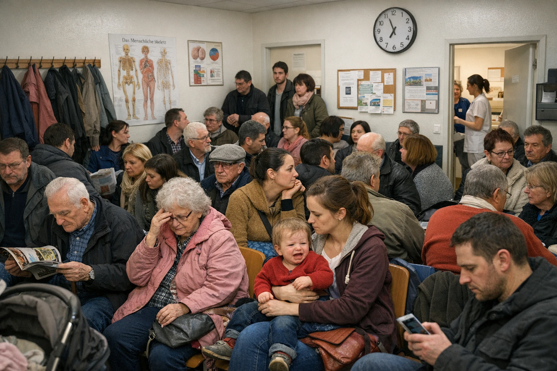Ein vollkommen überfülltes Wartezimmer beim Arzt: So stellt sich die KI die Situation in vielen Arztpraxen in Deutschland vor. Da hilft auch ein Termin nicht weiter.