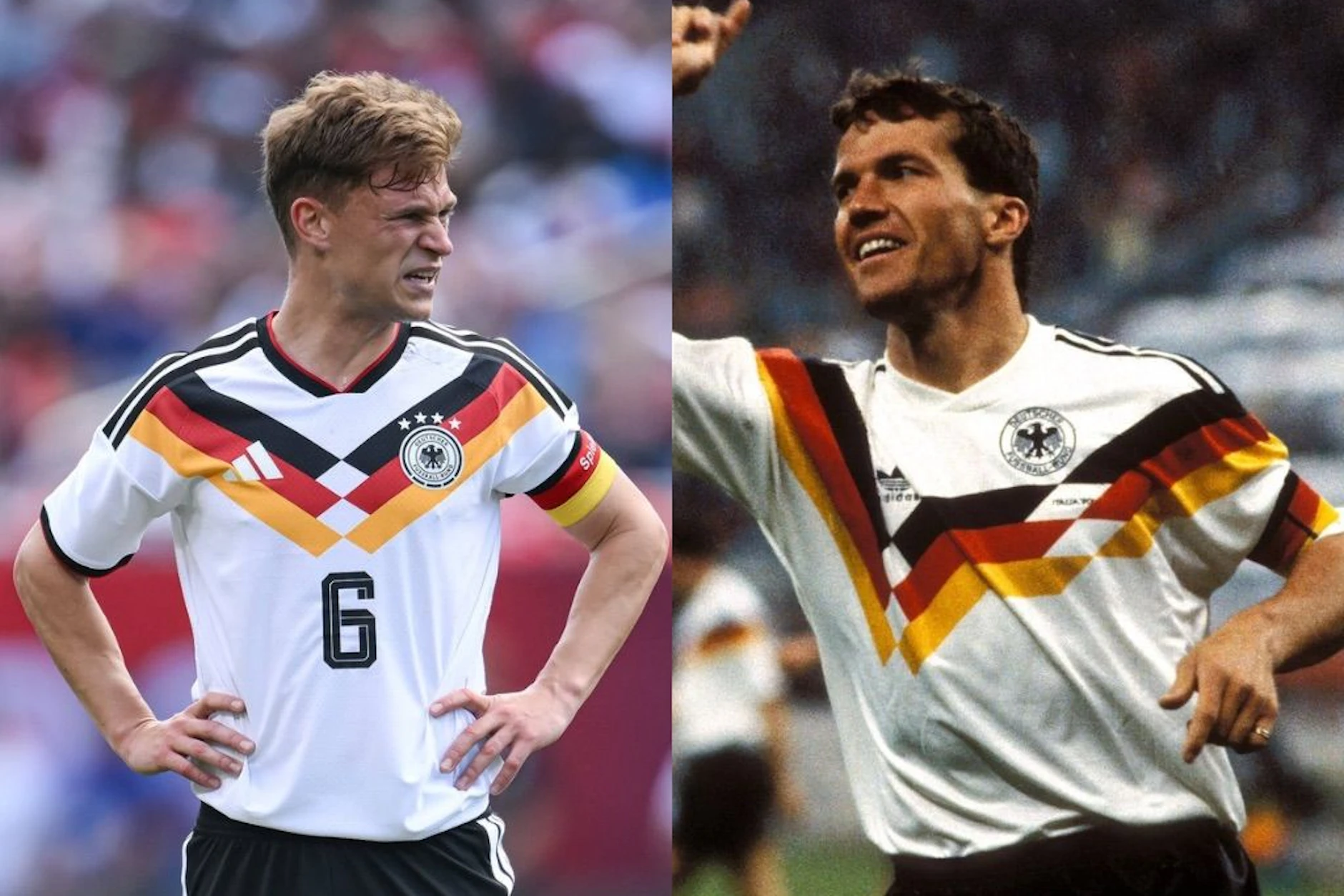 Joshua Kimmich (l.) mit dem heutigen WM-Trikot und Ex-Profi-Kicker Lothar Matthäus mit dem Trikot von 1990.