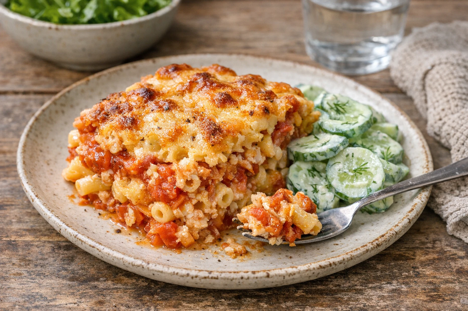 Einfach lecker! Mit einem frischen Gurkensalat ist dieser Tomatenauflauf mit Makkaroni einfach ein Gedicht. Lassen Sie es sich schmecken!