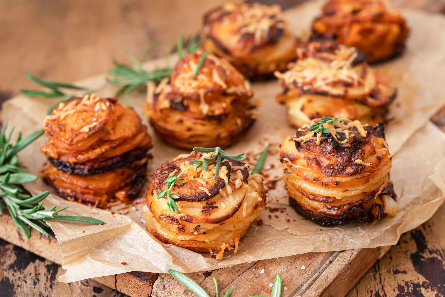 Leckere Potato Stacks: Die kleinen Stapel aus Kartoffelscheiben schmecken mit einem einfachen Dip oder als Beilage zum Schnitel.