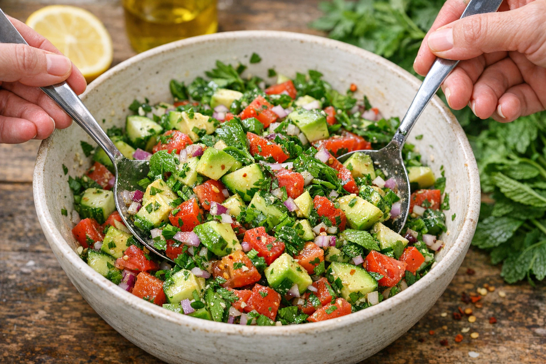 Der Schlank-Salat wird gut durchgerührt und anschließend serviert: Der perfekte frische Gemüse-Genuss für die heiße Jahreszeit lässt die Pfunde purzeln.