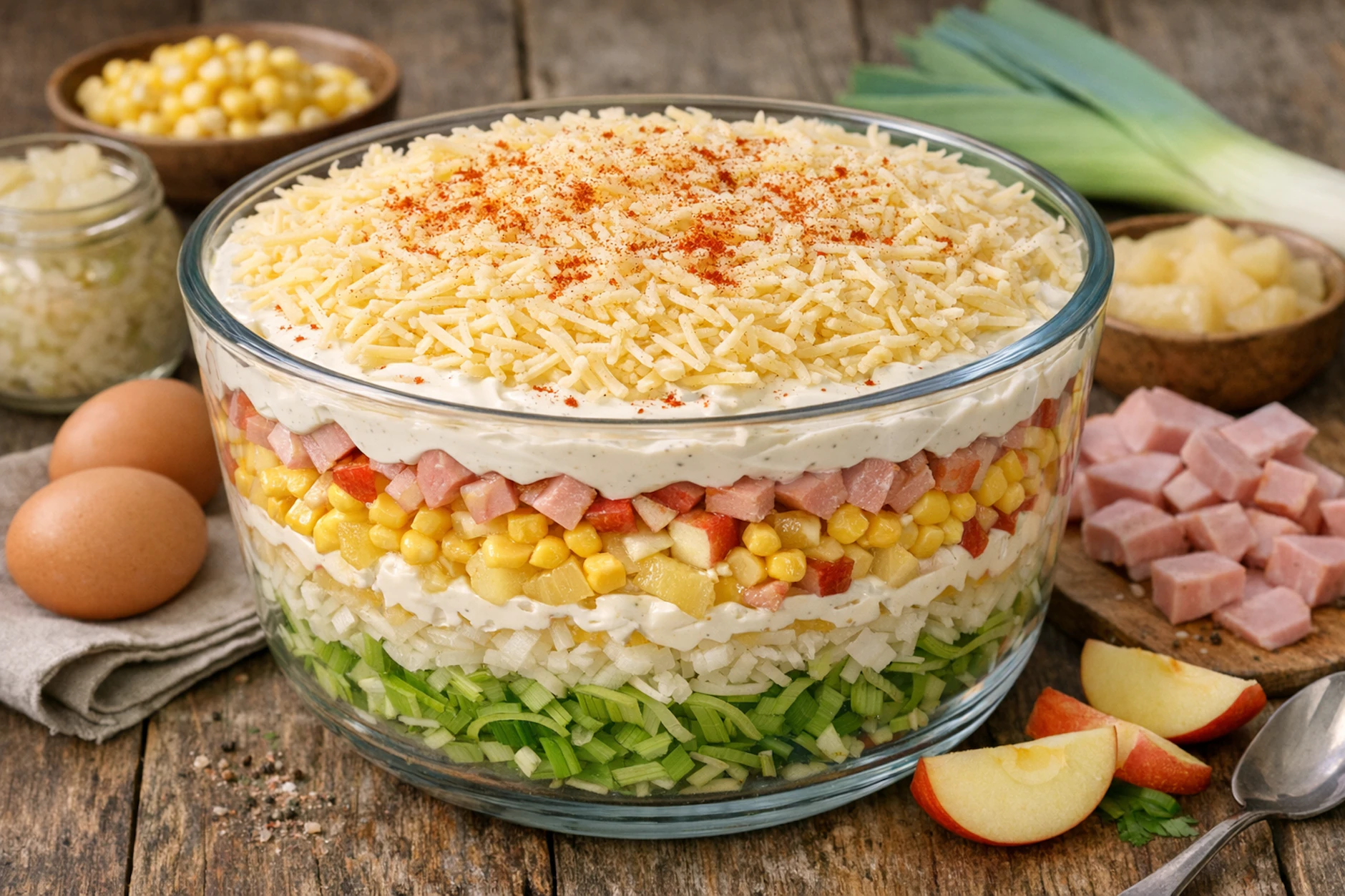 Der klassische Schichtsalat: Hinein gehören unter anderem Porree, Mais, Schinken und Äpfel. Besonders wichtig ist die obere Schicht mit Mayonnaise und geriebenem Käse.