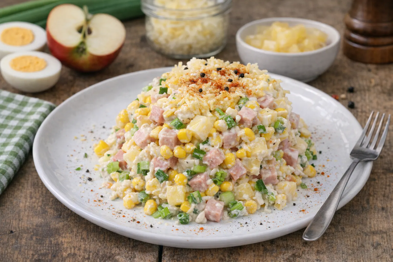 Auf dem Teller verbinden sich alle Zutaten aus dem Schichtsalat zu einer perfekten Mischung aus süßen und herzhaften Aromen.