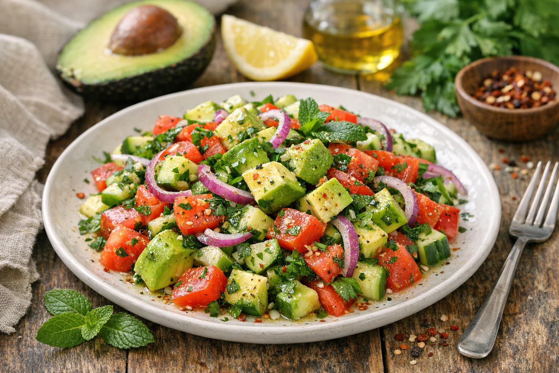 Leckerer Schlank-Salat: Unser Salat mit Tomate, Gurke, Avocado und frischen Kräutern ist schmackhaft, nahrhaft und hilft trotzdem beim Abnehmen!