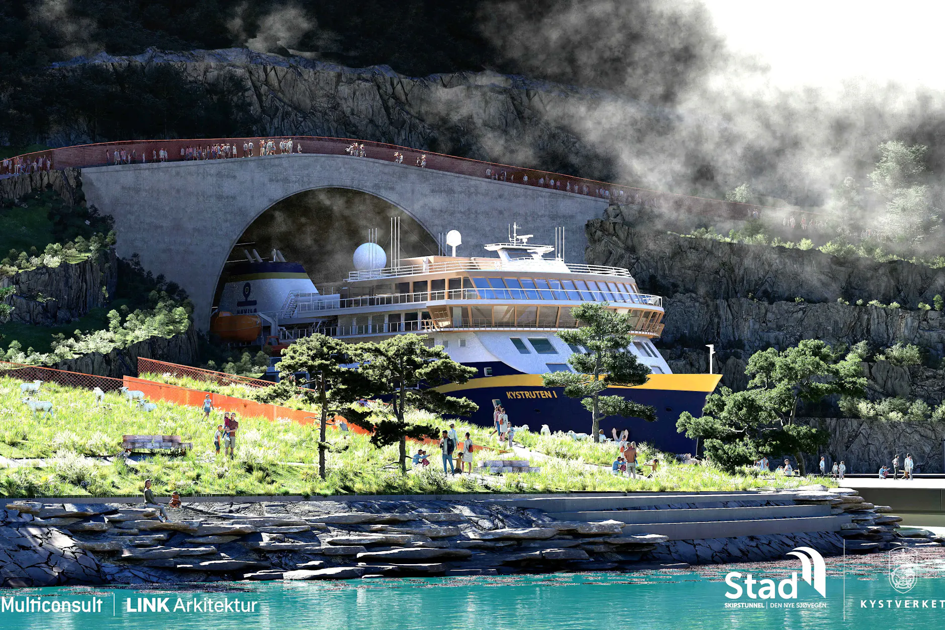 Computervisualisierung des Stad-Schiffstunnels: Ein großes Kreuzfahrtschiff fährt in den massiven Tunneleingang im Fels, über dem eine Brücke mit Besuchern verläuft.