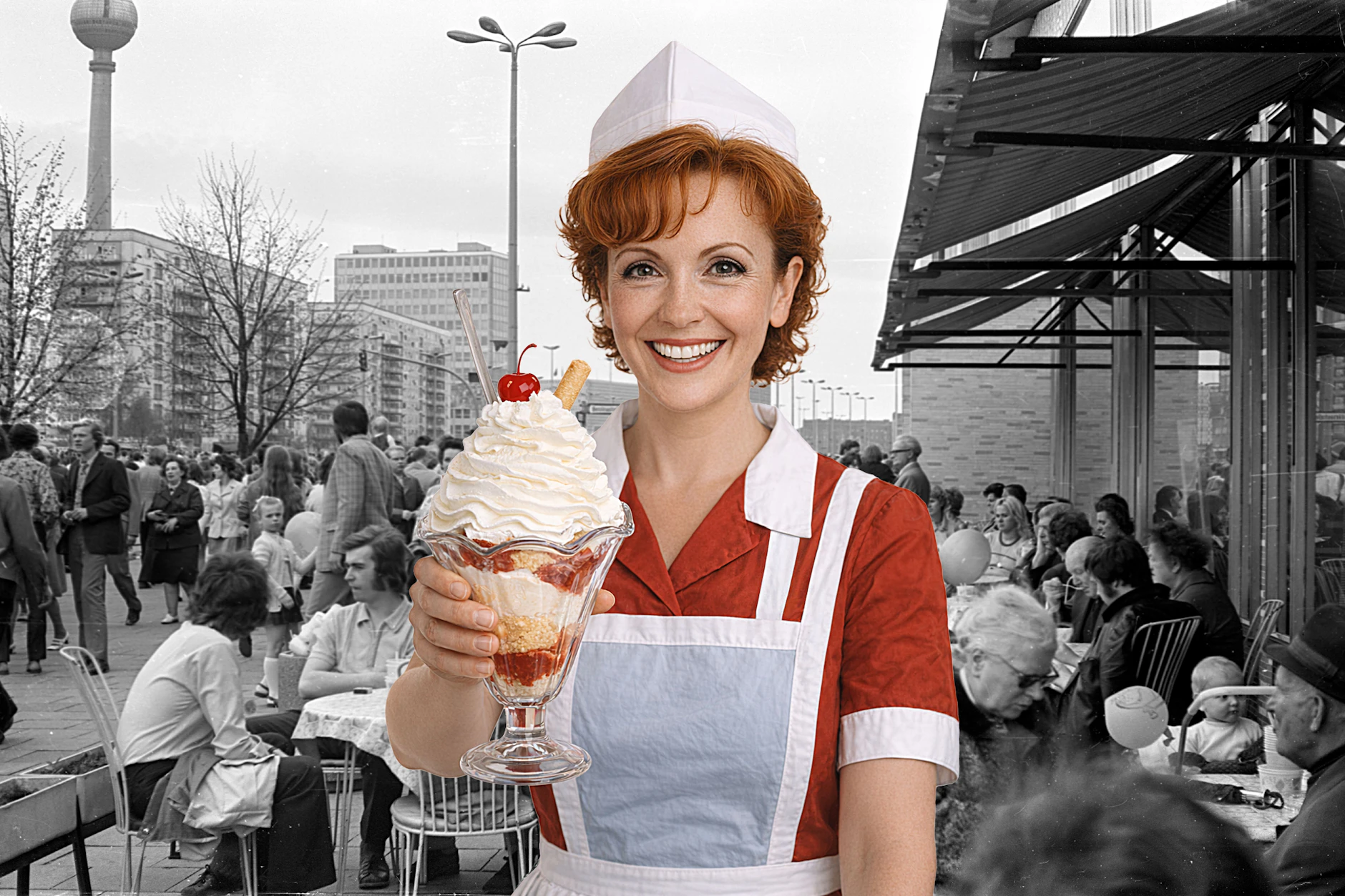 Ein leckerer Eisbecher mit Sahne? Denkste! In den Milch- und Eisbars in der DDR setzte man auf ein Ersatzprodukt für Schlagsahne, eine Mischung aus Milch und Margarine.