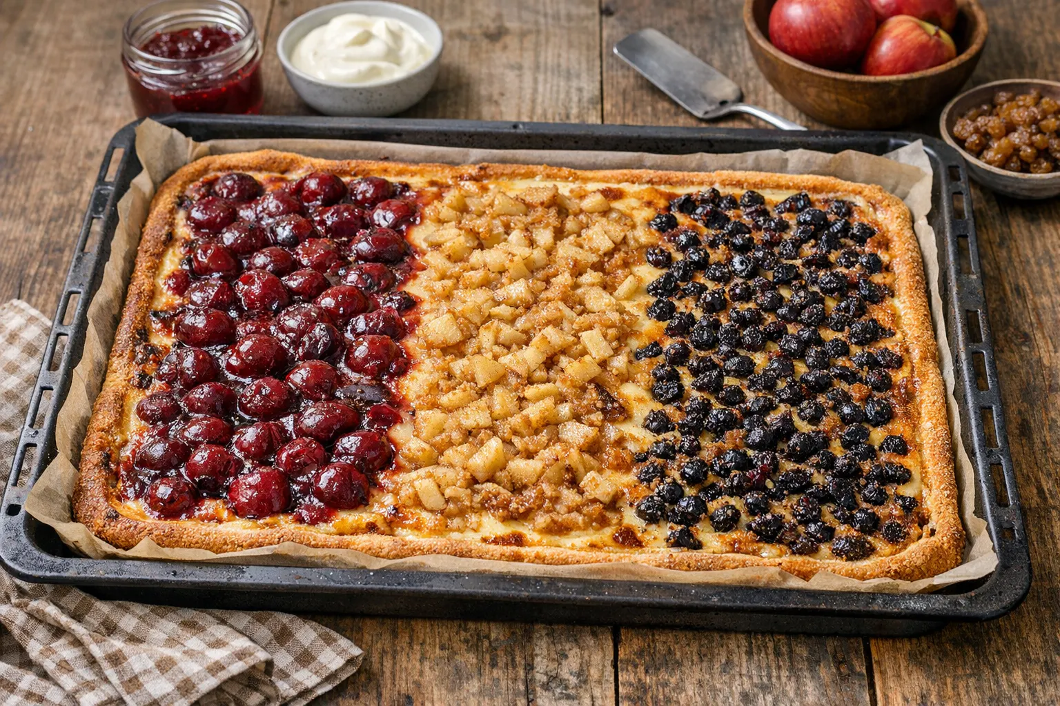 Mit unserem Rezept für Mollykuchen backen Sie ganz einfach drei verschiedene Sorten Kuchen auf einem einzigen Blech. So ist für Auswahl auf der Kaffeetafel garantiert!