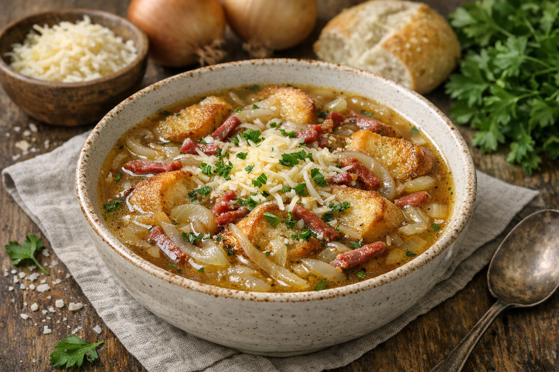 Kurt Drummer hat diese leckere Zwiebelmarktsuppe nicht ohne Grund in seinem Kochbuch verewigt. Sie ist sehr lecker und verwendet noch etwas andere Zutaten als die klassische französische Zwiebelsuppe.